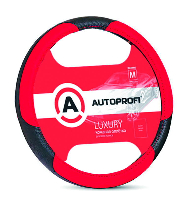 Кожаная оплётка руля AUTOPROFI AP-1010 BK/RD (M)