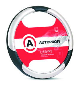 Кожаная оплётка руля AUTOPROFI AP-1010 BK/SILVER (M)