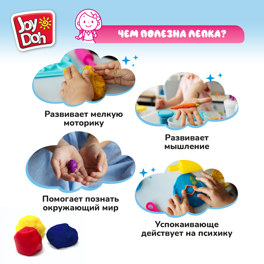 Масса для лепки Joy Doh, набор FLOWER SHOW - ЦВЕТОЧНАЯ ОРАНЖЕРЕЯ, 3d формы, 11 аксессуаров, 4 баночки с тестом (4 x 50 г.) FLOW-200 pot